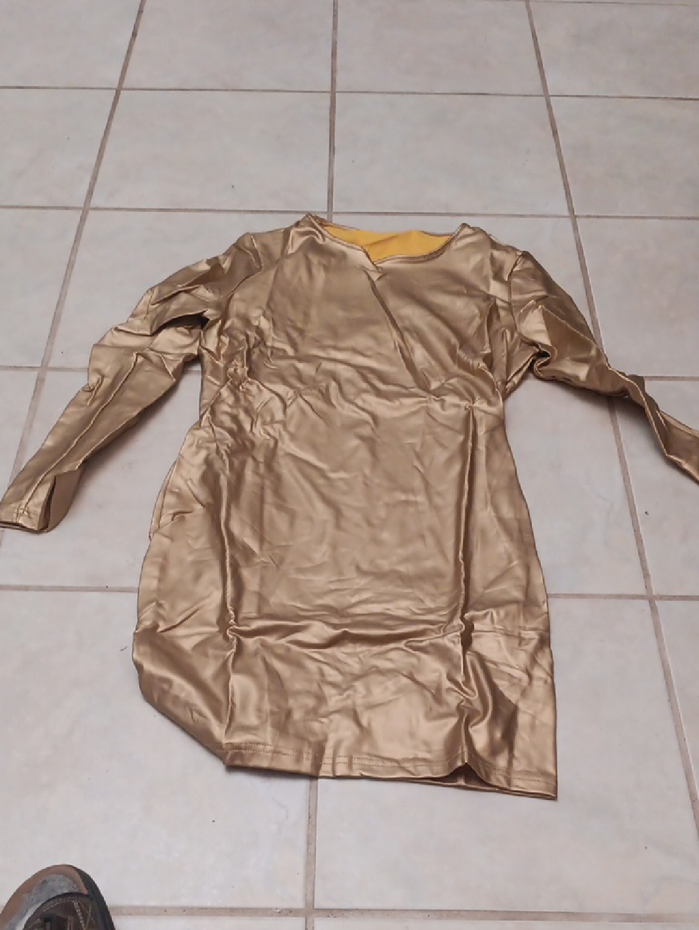 SHEIN Metallic Faux Leather Gold Long Sleeve Midi Dress In 2XL